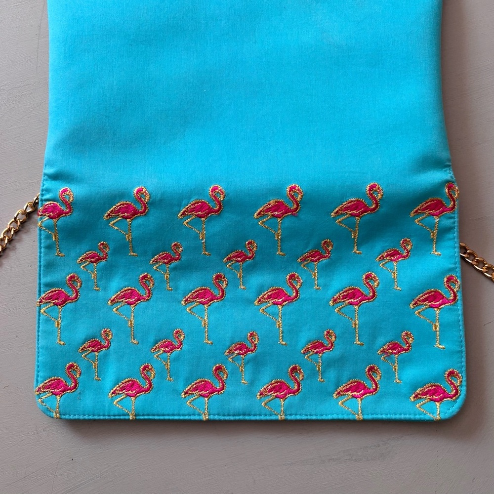 SHIRALEAH CHICAGO Satin Embroidered Flamingo Clutch Gold Chain Shoulder Bag - Picture 2 of 10